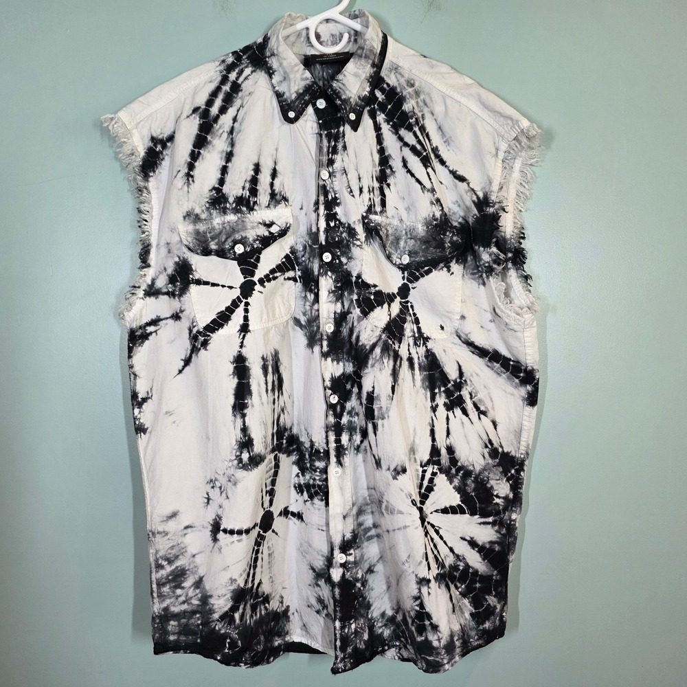 Biker Wear USA Mens 3XL Tie Dye Sleeveless Button Down Shirt Black White Cotton